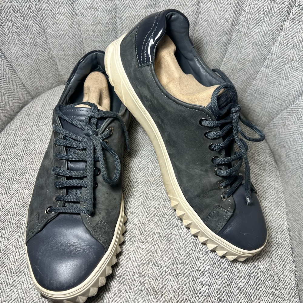 Salvatore Ferragamo Navy Leather & Suede Sneakers with Cream Sole